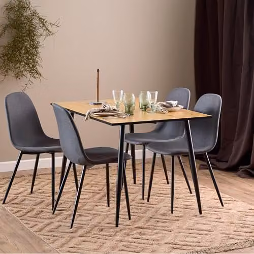 Furniture To Go Wilma Dining Table with Oak Top and Black Legs and 4 Celia Dining Chairs in Light Grey