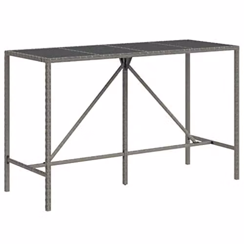 vidaXL Modern Bar Table with Glass Top in Grey Poly Rattan, W/D/H: 180 x 70 x 110 cm