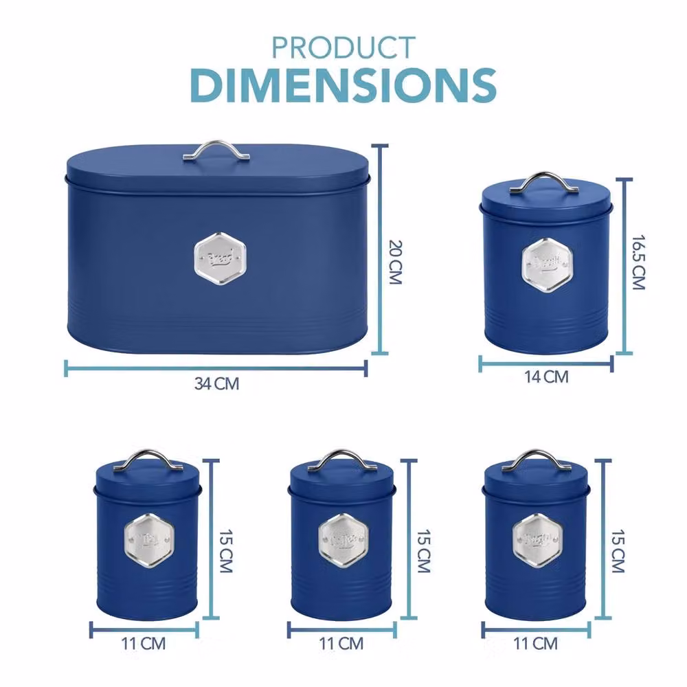 Nordara Blue 5-Piece Airtight and Leakproof Metal Canister Set for Coffee, Sugar and Tea, W/D/H: 30 x 15 x 20 cm – 2