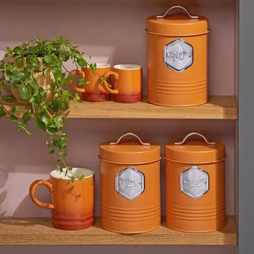 Cooks Professional 3-Piece Tea, Coffee and Sugar Canister Set in Orange with Silver Labels and Airtight Lids
