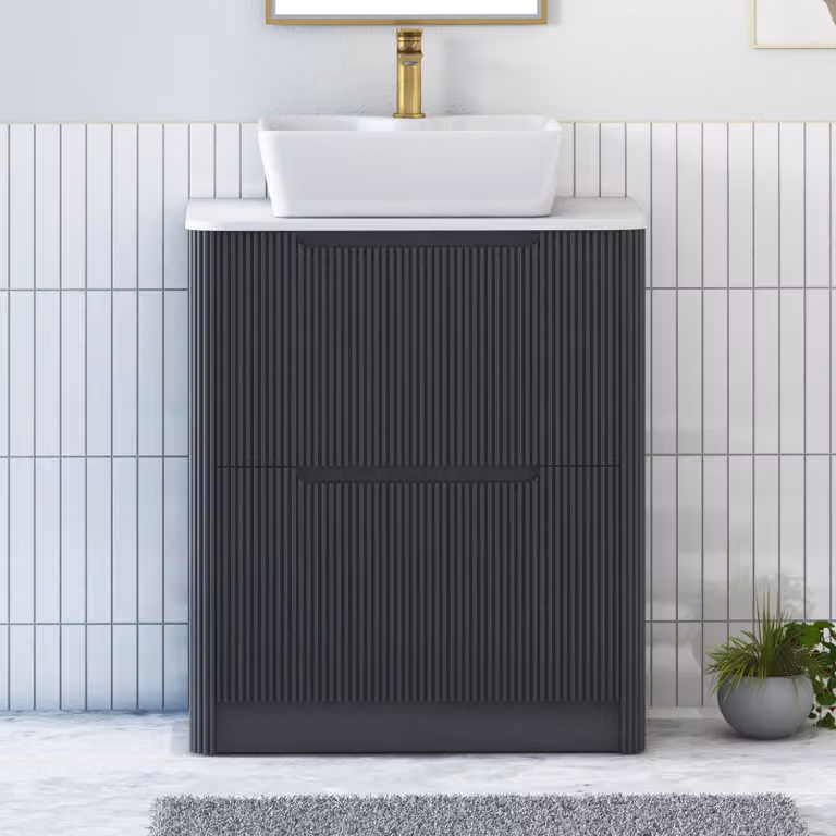 Royal Bathrooms Avenza 800mm Matt Obsidian Black Floor Standing 2 Drawer Vanity Unit with Plain White Worktop and Cube Basin
