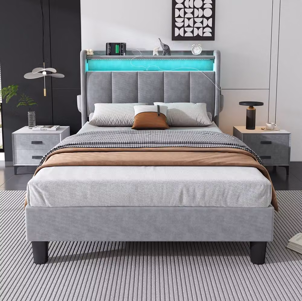 STILVORA Single Upholstered Bed in Grey with Under-Bed LED Lighting, USB Charging Port and Side Compartment Storage, W/D/H: 90 x 190 x 107 cm – 2