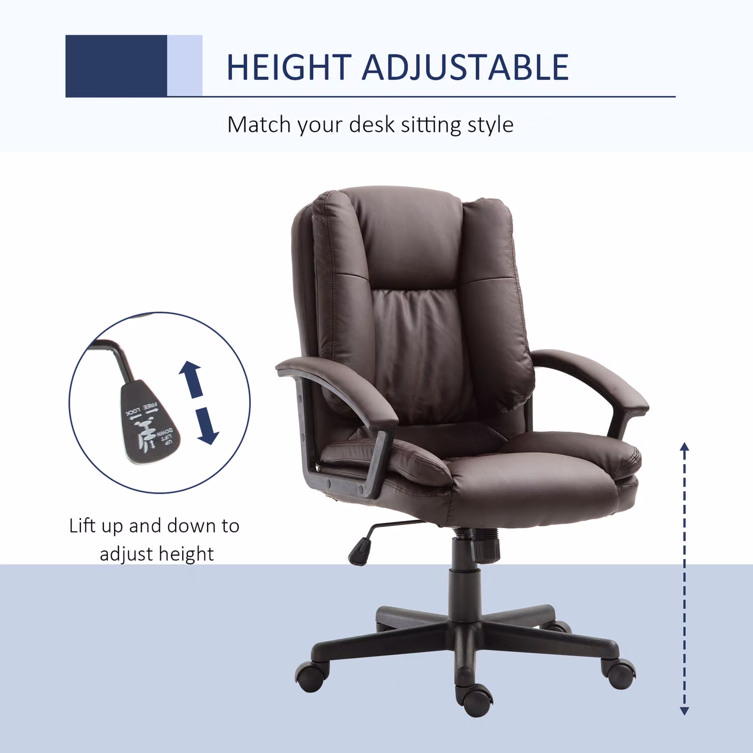 HOMCOM Brown Faux Leather Swivel Executive Office Chair with Armrests and Castors – 6