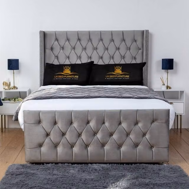 UK Bed Furniture Emily Wingback Divan Bed with 54 Inch Diamond Headboard in Grey Velvet, Size: 180 x 200 cm