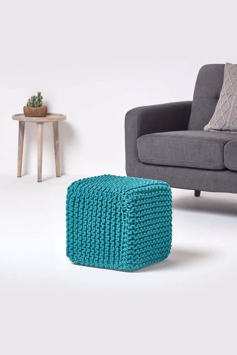Homescapes Cube Cotton Knitted Pouffe Footstool in Green and Turquoise – 2