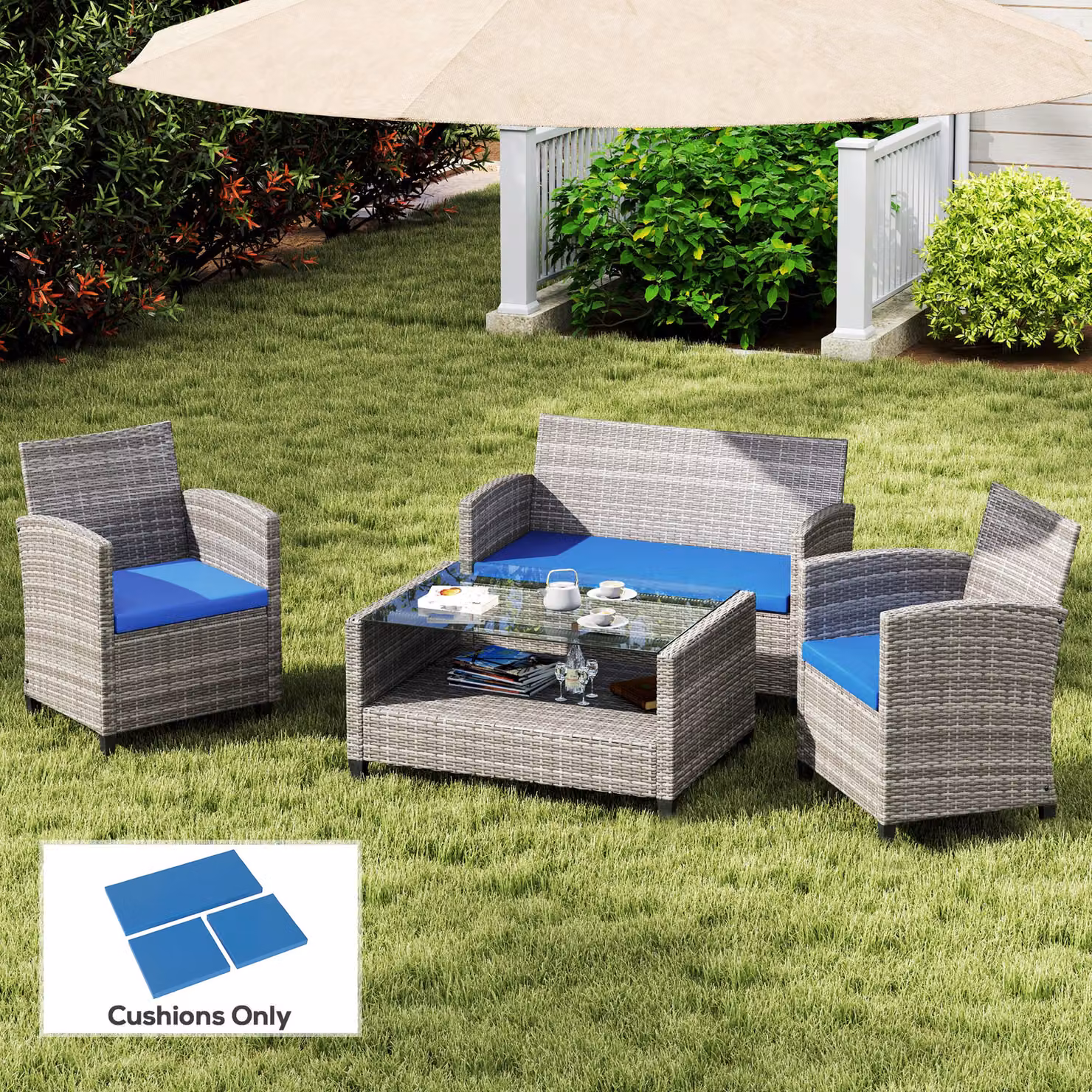Outsunny Set of 3 Sky Blue Rectangular Outdoor Seat Cushion Pads for Rattan Furniture with Removable Washable Polyester Covers – 2