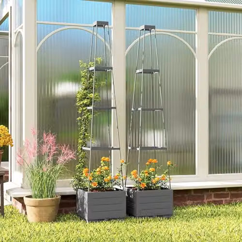 Outsunny 2 Pack Grey Raised Garden Beds with Trellis and Removable Drainage Trays, W/D/H: 28 x 28 x 140 cm – 5