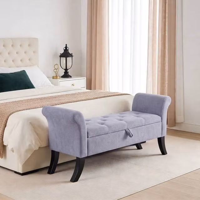 VOGREX Velvet Upholstered Storage Ottoman Bench in Grey, W: 133 cm, D: 53 cm, H: 46 cm