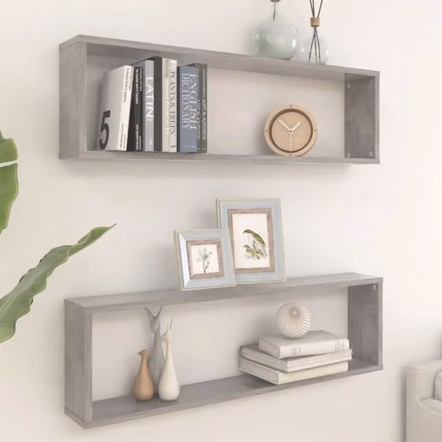 Berkfield Home Wall Cube Shelf, 2 Piece Set, Concrete Grey, W/D/H: 100 x 15 x 30 cm