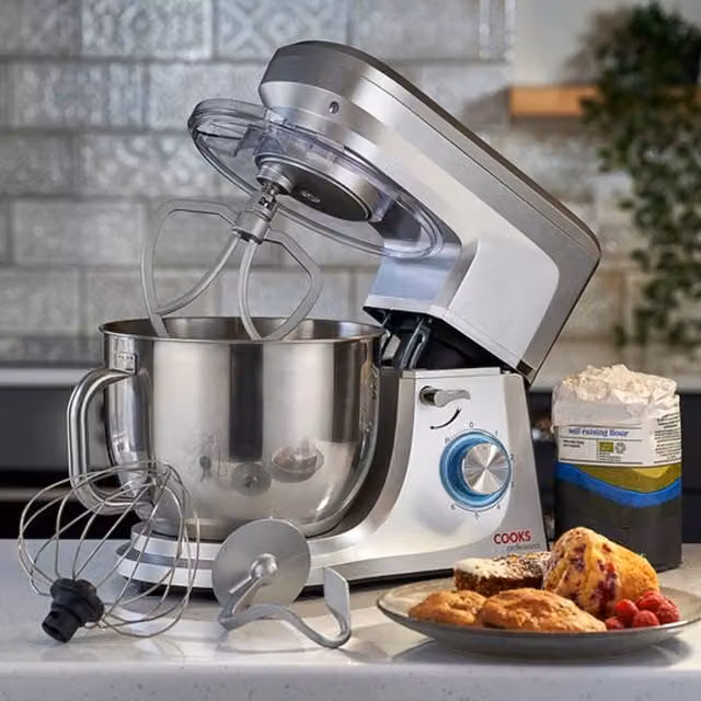 Cooks Professional Stand Mixer 1200W with 6 Speeds, Pulse Function and 7L Stainless Steel Mixing Bowl in Silver – 1