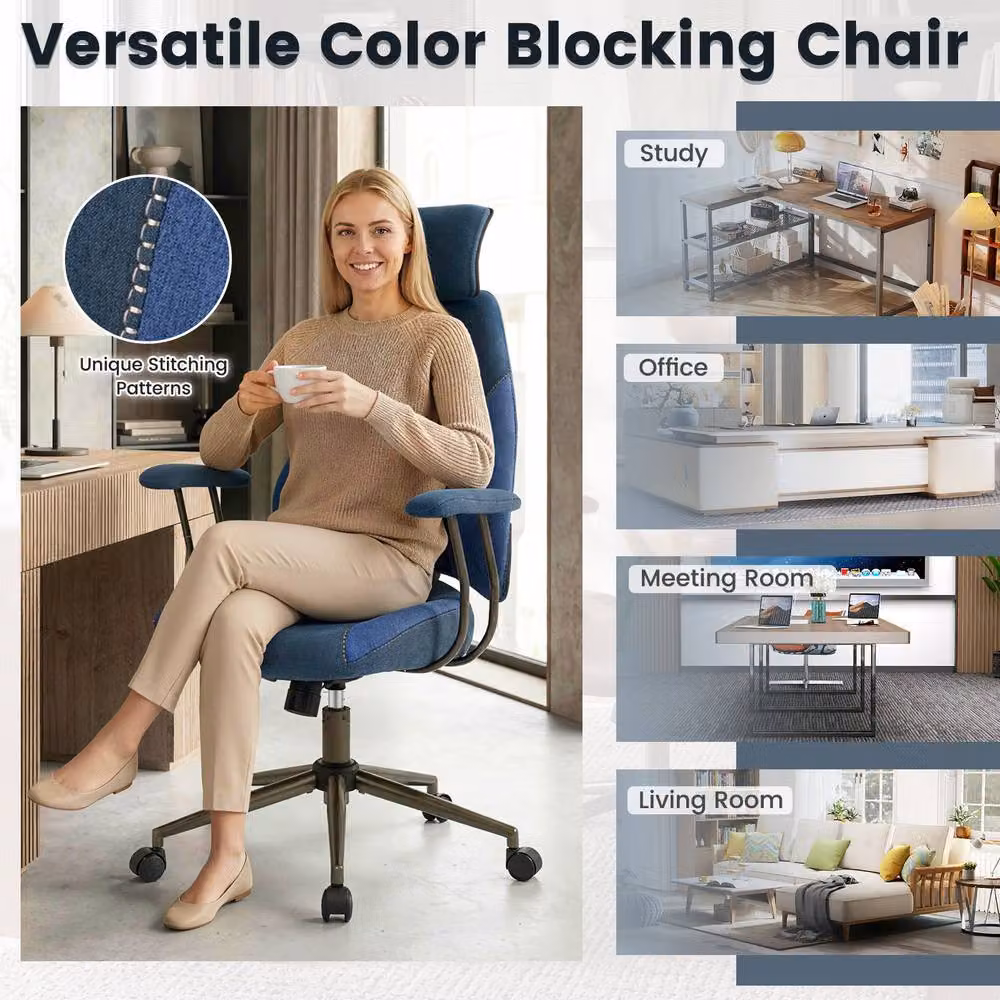 Gymax Ergonomic Office Chair with Headrest and Rocking Backrest in Navy Blue Microfibre Fabric – 2