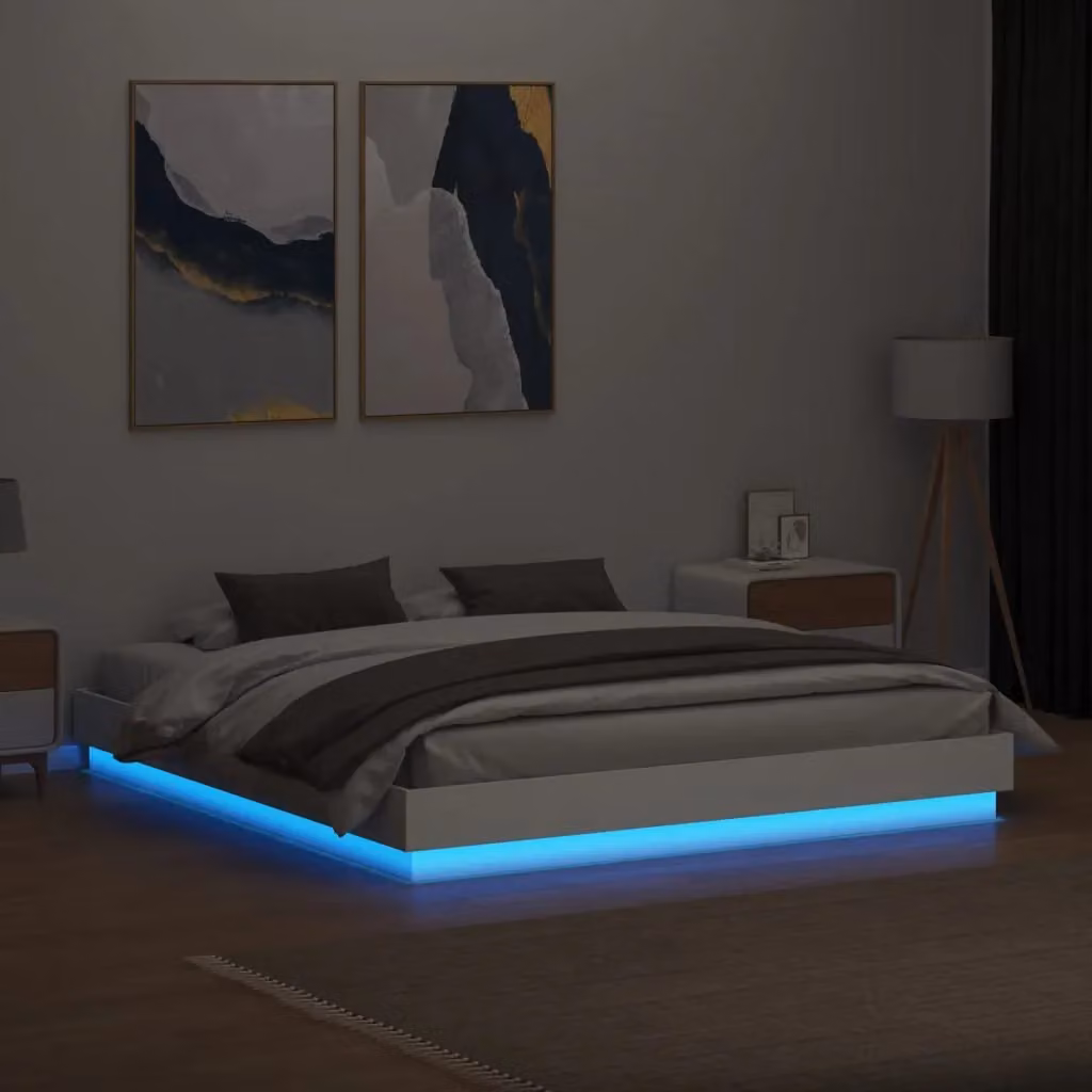 Berkfield Home Super King Bed Frame in White with LED Under-Bed Lighting and USB Charging Port – 3