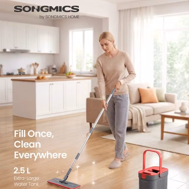 SONGMICS Mop and Bucket Set with Wringer and Telescopic Handle, Grey and Red