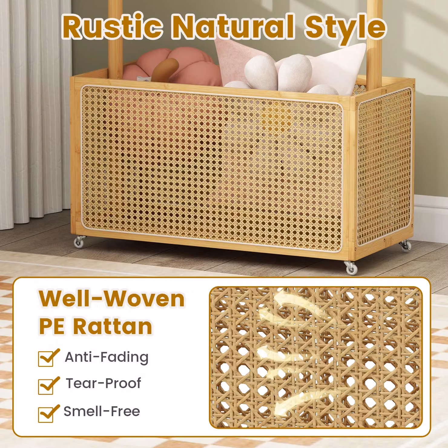 Costway Bamboo Clothes Rack and Coat Hanger Stand with Rattan Storage Basket in Natural Brown – 3
