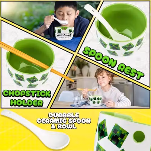 Get Trend Minecraft Ramen Bowl Set, Multicolour Ceramic Japanese Rice Noodles Bowl with Ceramic Spoon and Bamboo Chopsticks, 600ml – 4
