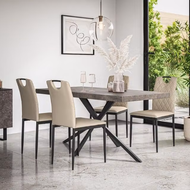 More4Homes Donni Dining Table and 4 Monza Faux Leather Chairs Set, Concrete Effect Rectangular Table with Black Metal Legs and Beige Chairs, W: 160 cm, D: 80 cm, H: 76 cm – 1