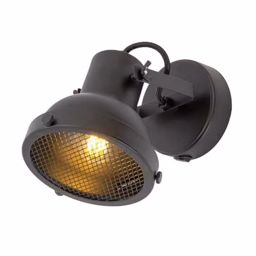 Happy Homewares Vintage and Industrial Matte Black Spot Wall Light Fitting with Front Grill and Rocker Switch, W/D/H: 12 x 15 x 21 cm