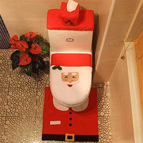 SHATCHI Christmas Santa 3-Piece Bathroom Set including Toilet Seat Cover, Tank Cover and Bath Mat, Red – 2