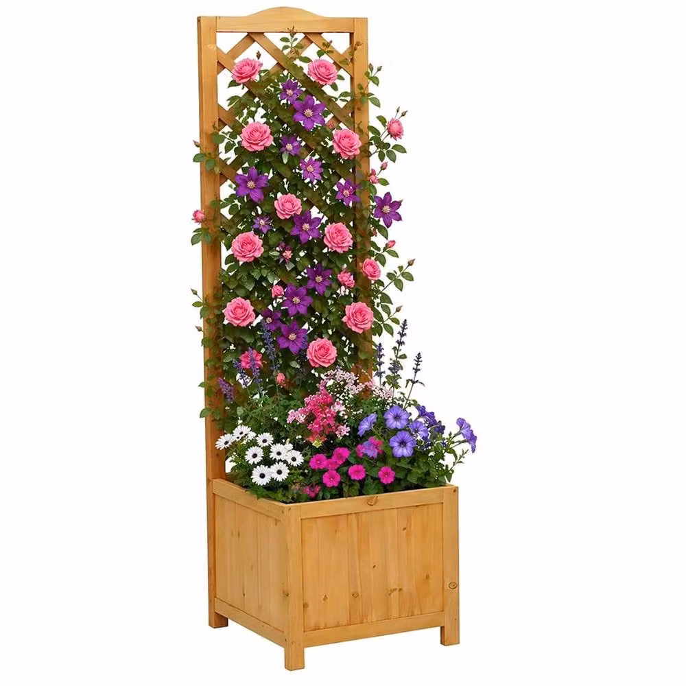 VOGREX Square Wooden Garden Planter with Trellis and Climbing Flower Box in Beige – 2