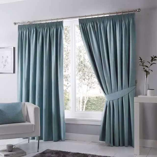 Terrys Fusion Dijon Blackout Ready Made Pencil Pleat Curtains in Duckegg Blue