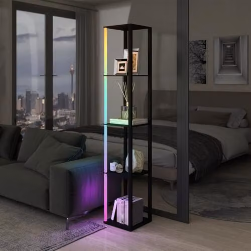 HOMCOM RGB LED Floor Lamp with Shelves and Remote Control, Black – 6