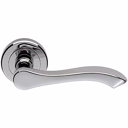 Loops Pair of Scroll Shaped Lever Door Handles with Chamfered Edged Round Rose in Polished Chrome