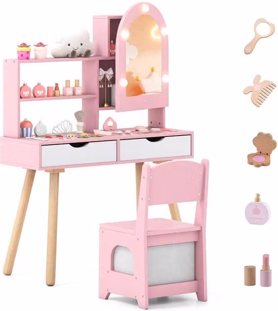 Gymax Pretend Play Dressing Table Set with 3-Colour Light Mirror and Cabinet in Pink – 1
