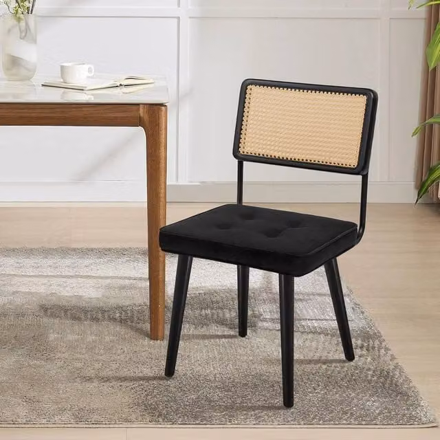 VOGREX Modern Velvet Armless Accent Dining Chairs with Wooden Rattan in Black and Multicolour – 1