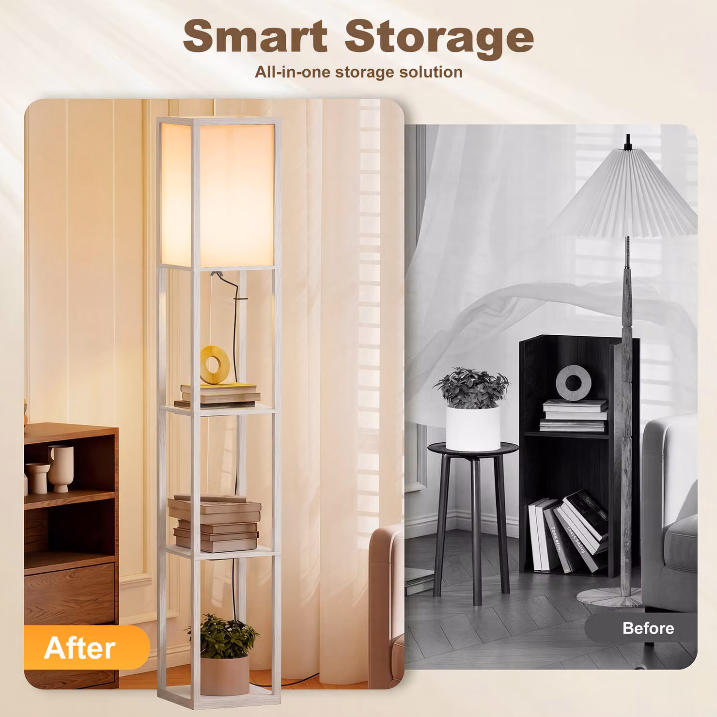 HOMCOM White Floor Lamp with 3-Tier Storage Shelf for Living Room and Bedroom – 3