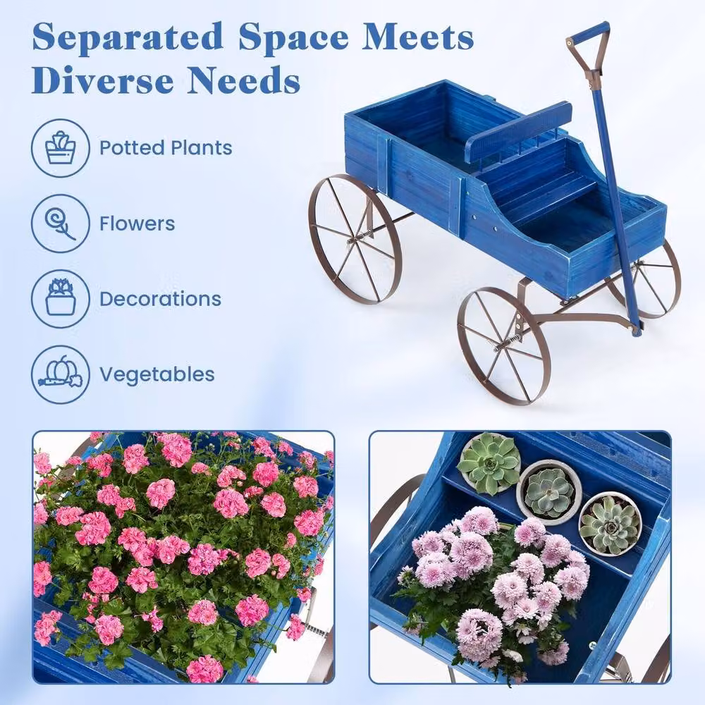 Gymax Blue Wood and Metal Decorative Wagon Flower Planter with Wheels, W/D/H: 62 x 34 x 60 cm – 4