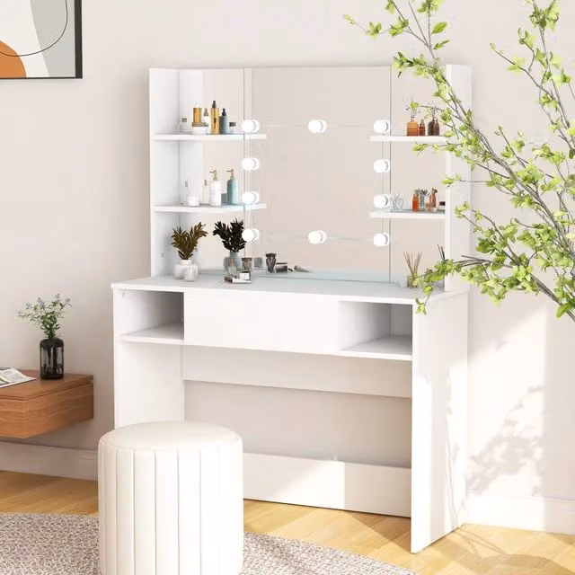 Berkfield Home White MDF Makeup Table with Hollywood LED Lights W/D/H: 100 x 40 x 135 cm