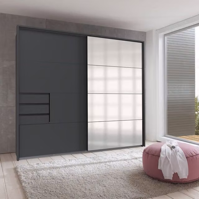 TJS Saigon Solo Sliding Wardrobe Doors in Graphite with Graphite Mirror, Width: 225 cm