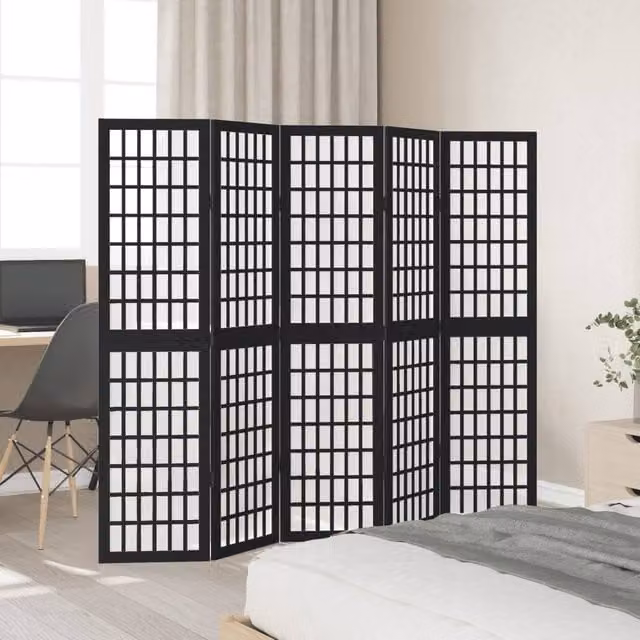 Berkfield Home 5-Panel Room Divider in Black Solid Paulownia Wood, H 180 cm x W 160 cm – 1