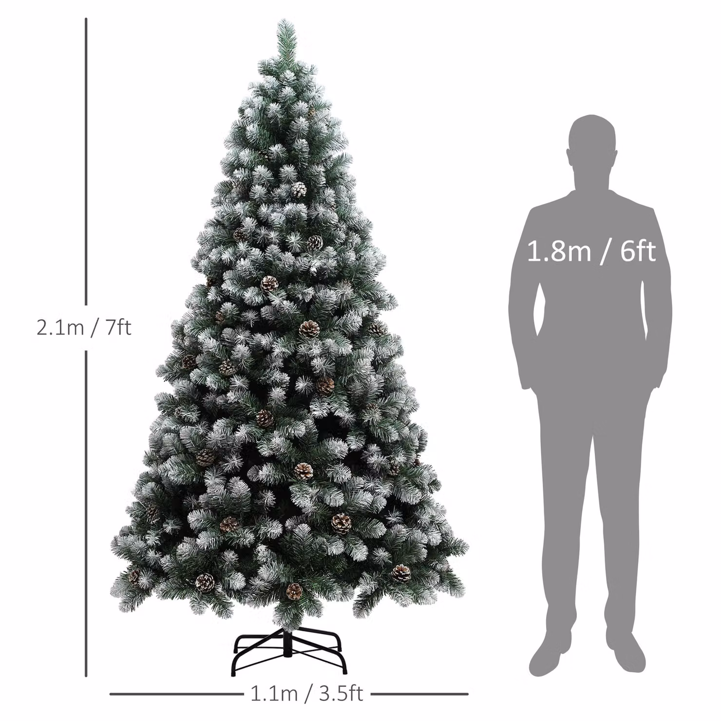 HOMCOM 7ft Artificial Pine Christmas Tree with 1152 Branch Tips, Realistic Hinged Design with Pinecones and Steel Base, Green – 3