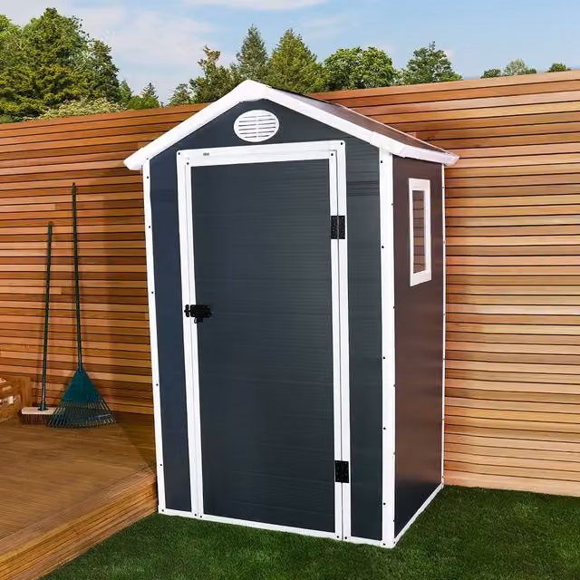 Charles Bentley Grey Plastic and Steel Gable Roof Garden Storage Shed with Window W/D/H: 204 x 103.632 x 104 cm – 1