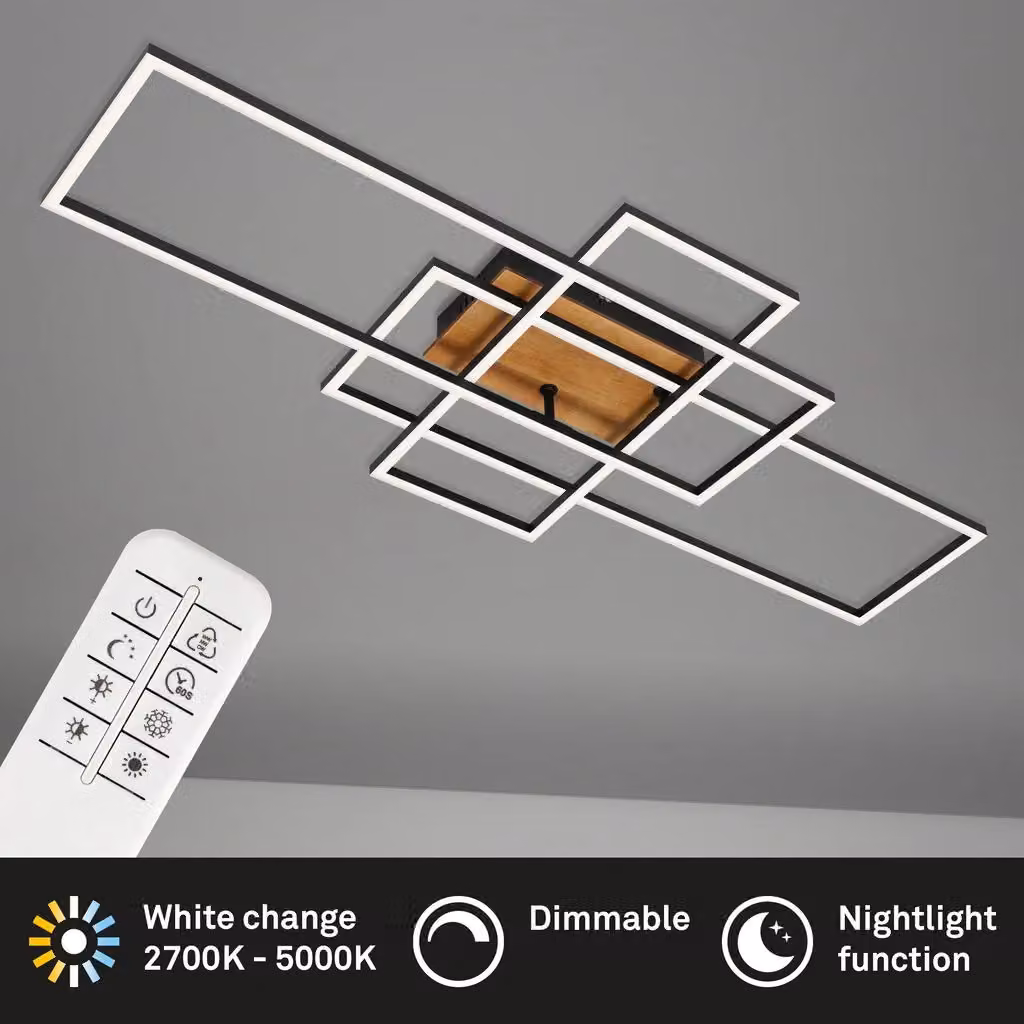 Briloner Black and Wood Modern Rectangular LED Ceiling Light with Remote Control and Dimmer Function – 3