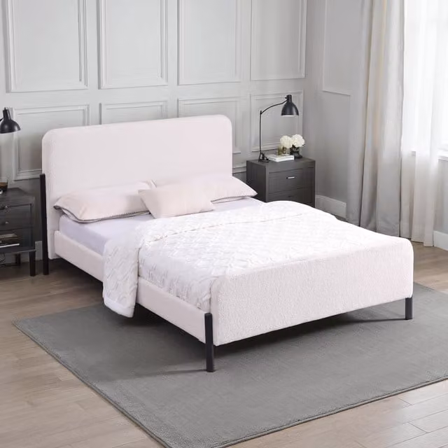 SlumberWorx Modern Upholstered Bouclé Fabric Bed Frame, White, W: 140 cm, L: 200 cm