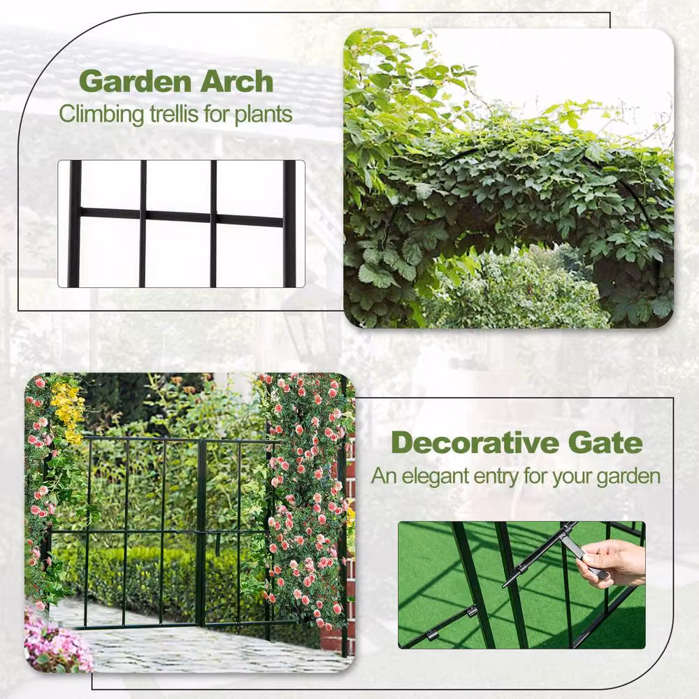 Gymax Black Metal Tall Arbour Archway Garden Trellis with Gate and Plant Stand, Height: 230 cm – 5