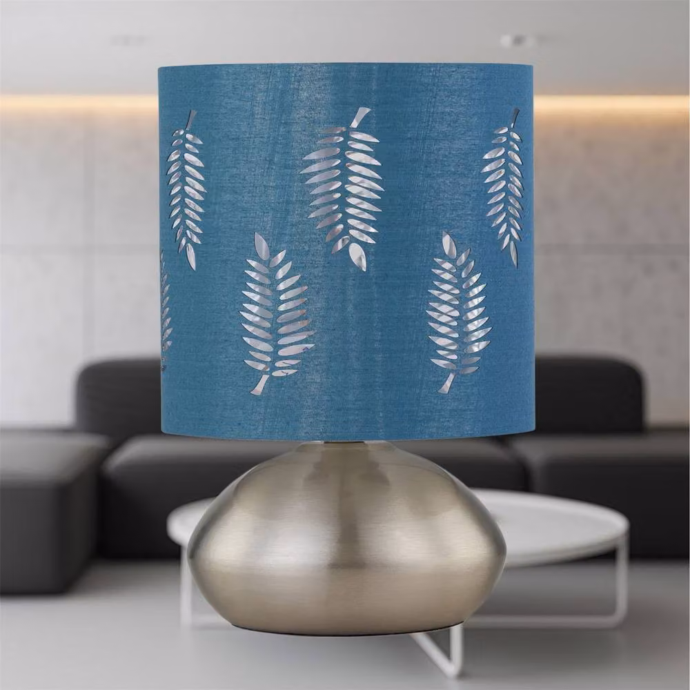 First Choice Lighting Jenson Set of 2 Touch Table Lamps in Brushed Chrome with Teal Fabric Shades – 3