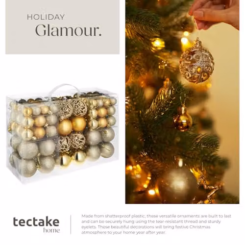 tectake 100-Pack Gold Christmas Baubles with Round Plastic Design for Hanging Ornaments – 5