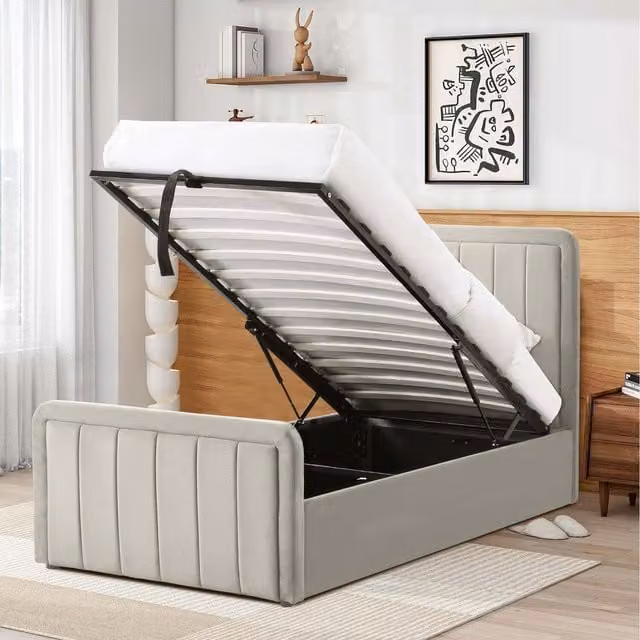 Comfy Living Modern White Velvet Upholstered Ottoman Bed Frame with Lift Up Base, W/D/H: 90 x 200 cm
