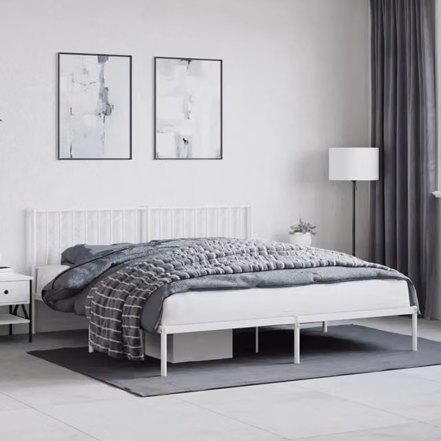 Berkfield Home Metal Bed Frame with Headboard in White, W/D/H: 183 x 213 cm