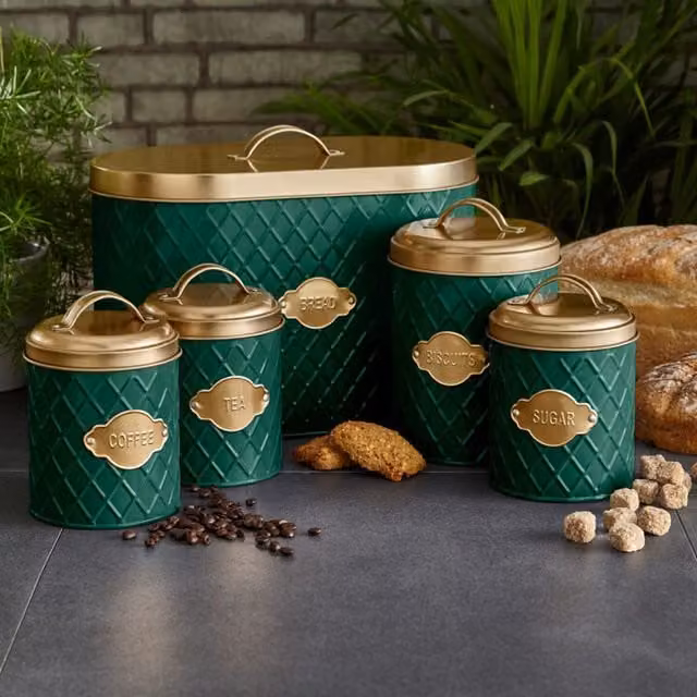 Neo Geometric Embossed 5 Piece Metal Kitchen Canister Set - Green