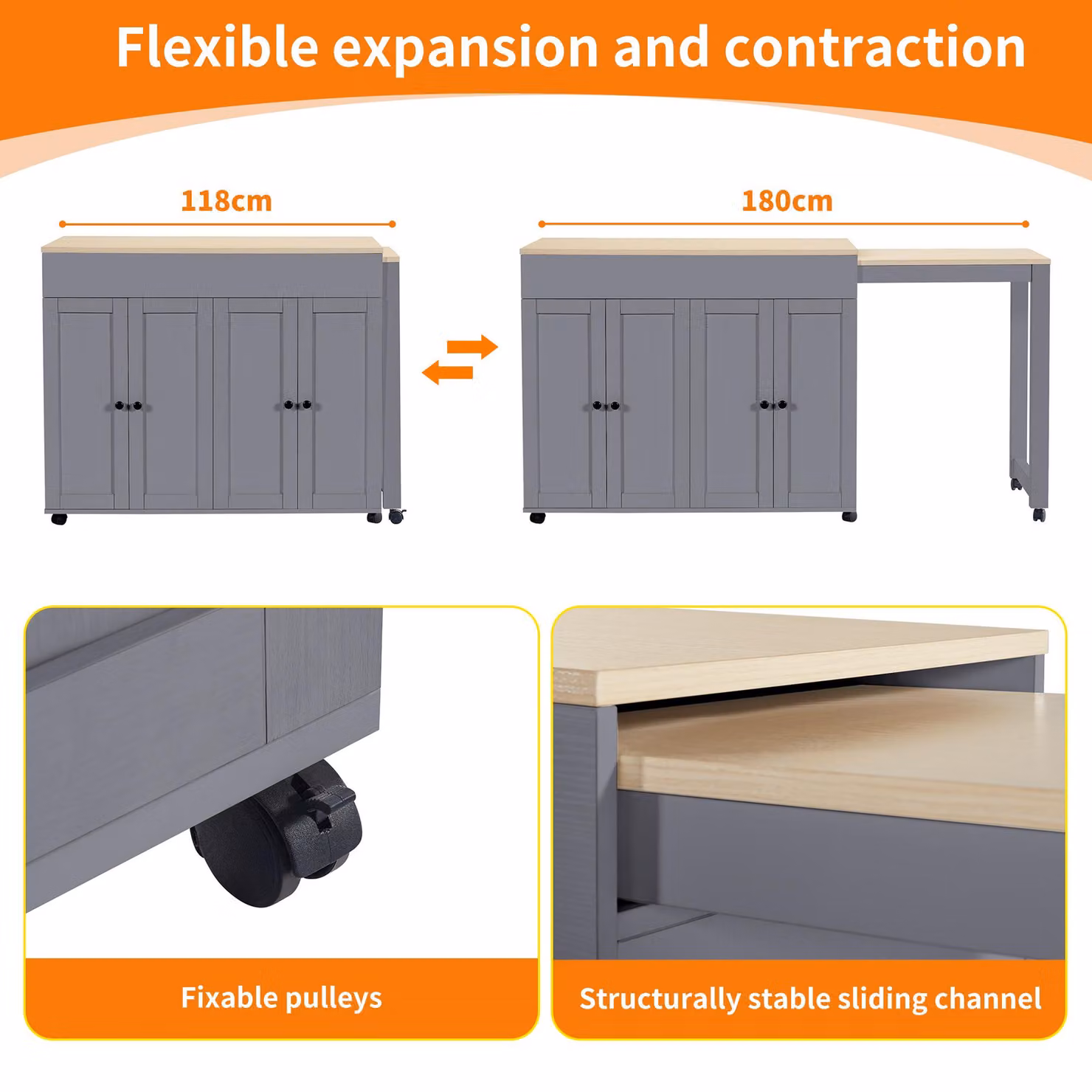 Aosom UK Grey Extendable Space-Saving Dining Bar Table with 6 Adjustable Shelves and Storage Cabinet, W/D/H: 118-180 x 50 x 94 cm – 4