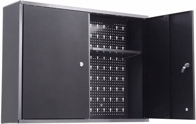 Livingandhome Metal Wall Mounted Lockable Pegboard Tool Cabinet with Internal Shelves and Hinged Doors in Matt Black