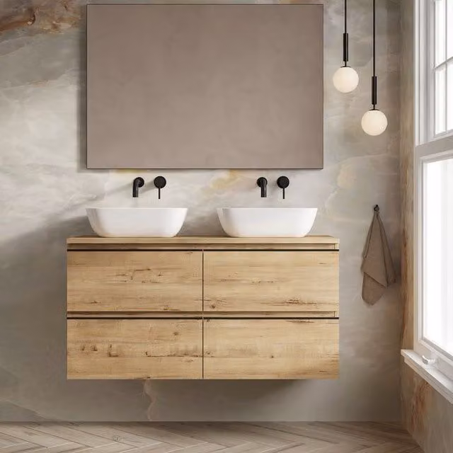 Banyetti Vatilla 1200mm Wall Hung Vanity Unit with Matching Worktop in Ostippo Light Oak – 1