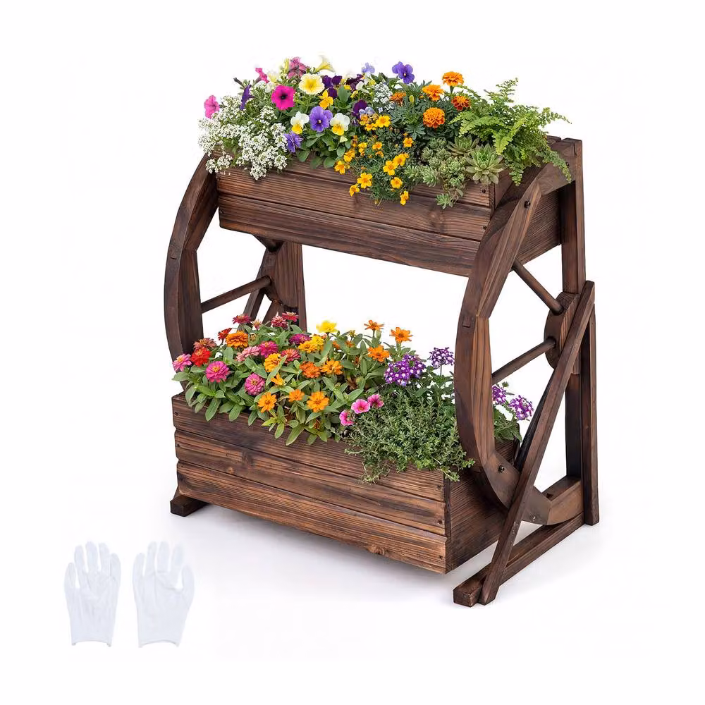 Costway 2-tier Rustic Wood Wagon Planter Raised Garden Bed with Drainage Holes in Brown – 3