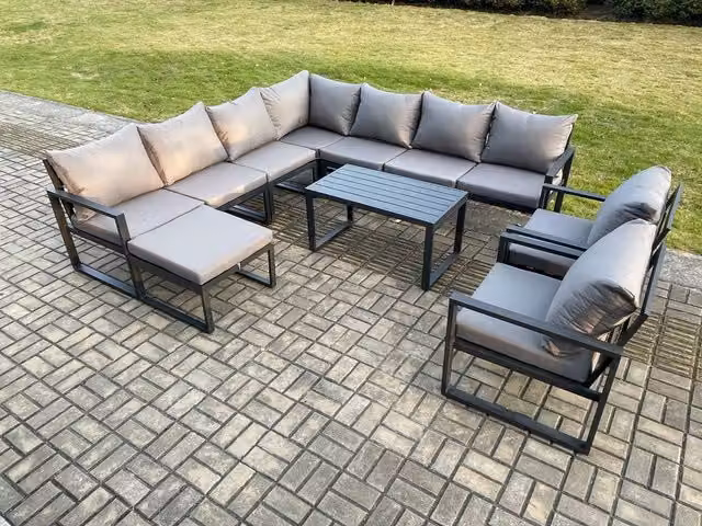 Fimous Powder Coated Aluminium L-Shape Garden Lounge Corner Sofa Set with Coffee Table and Ottoman in Dark Grey