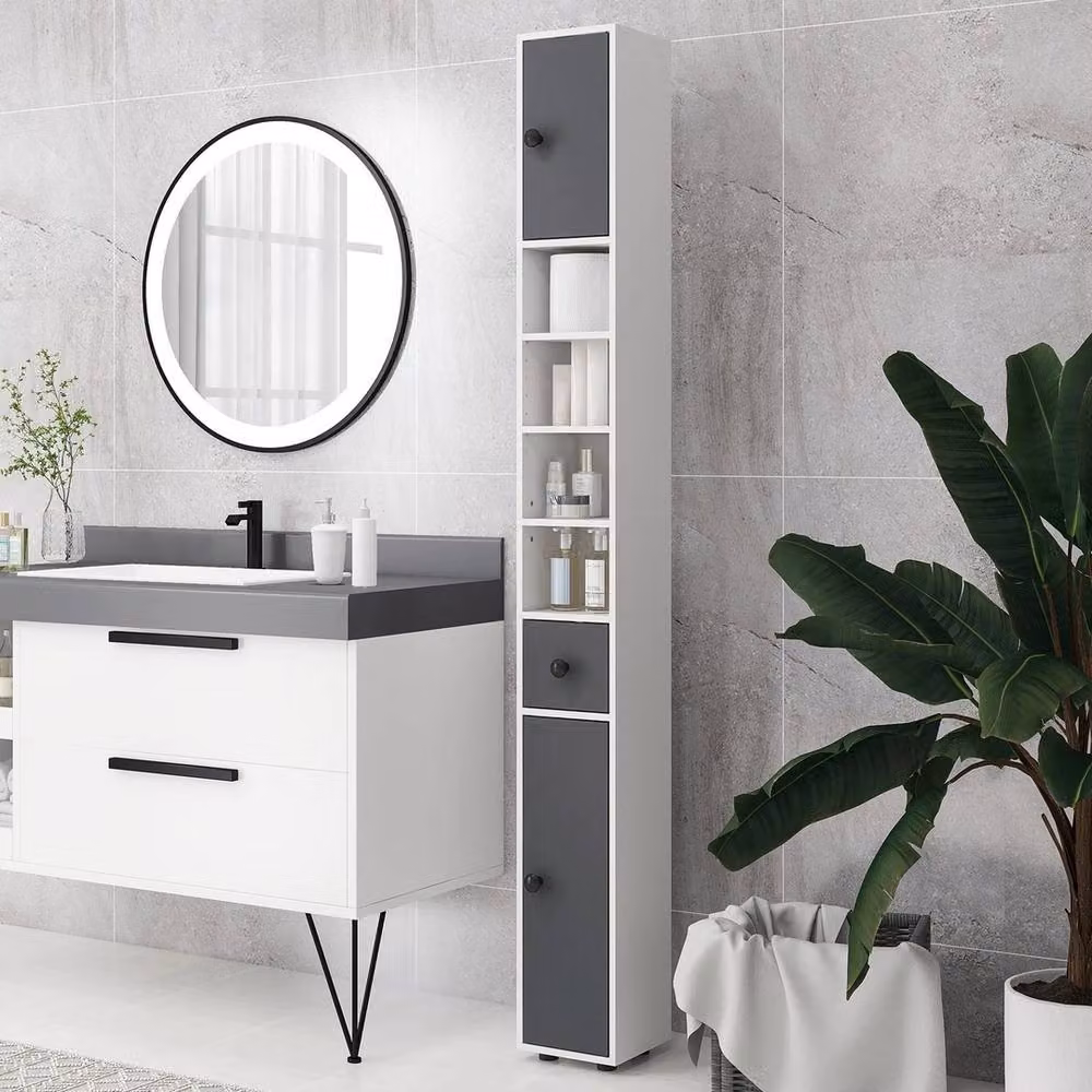 VOGREX Grey Slim Bathroom Cabinet with Open Shelves and Matt Finish, H 180 x W 20 x D 20 cm – 3