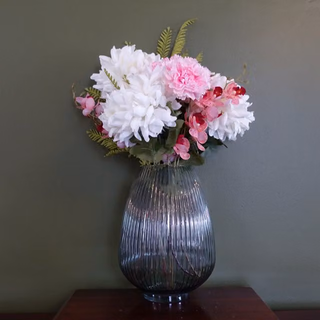 Mixed Colour Artificial Chrysanthemum and Orchid Display with Leaf in a Striped Round Glass Vase, H 30.0 cm x W 20.0 cm x D 20.0 cm